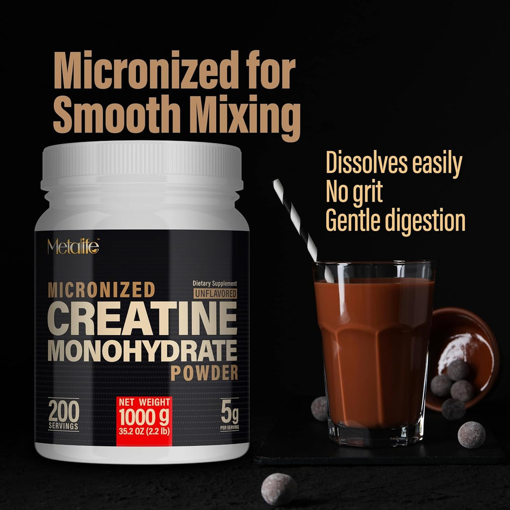 100% Pure Creatine Monohydrate Powder 200 Servings, Micronized Powder, Muscle Growth, Unflavored, Ideal for Athletes & Fitness Enthusiasts, Third Party Lab Tested, Vegan, 1000 G