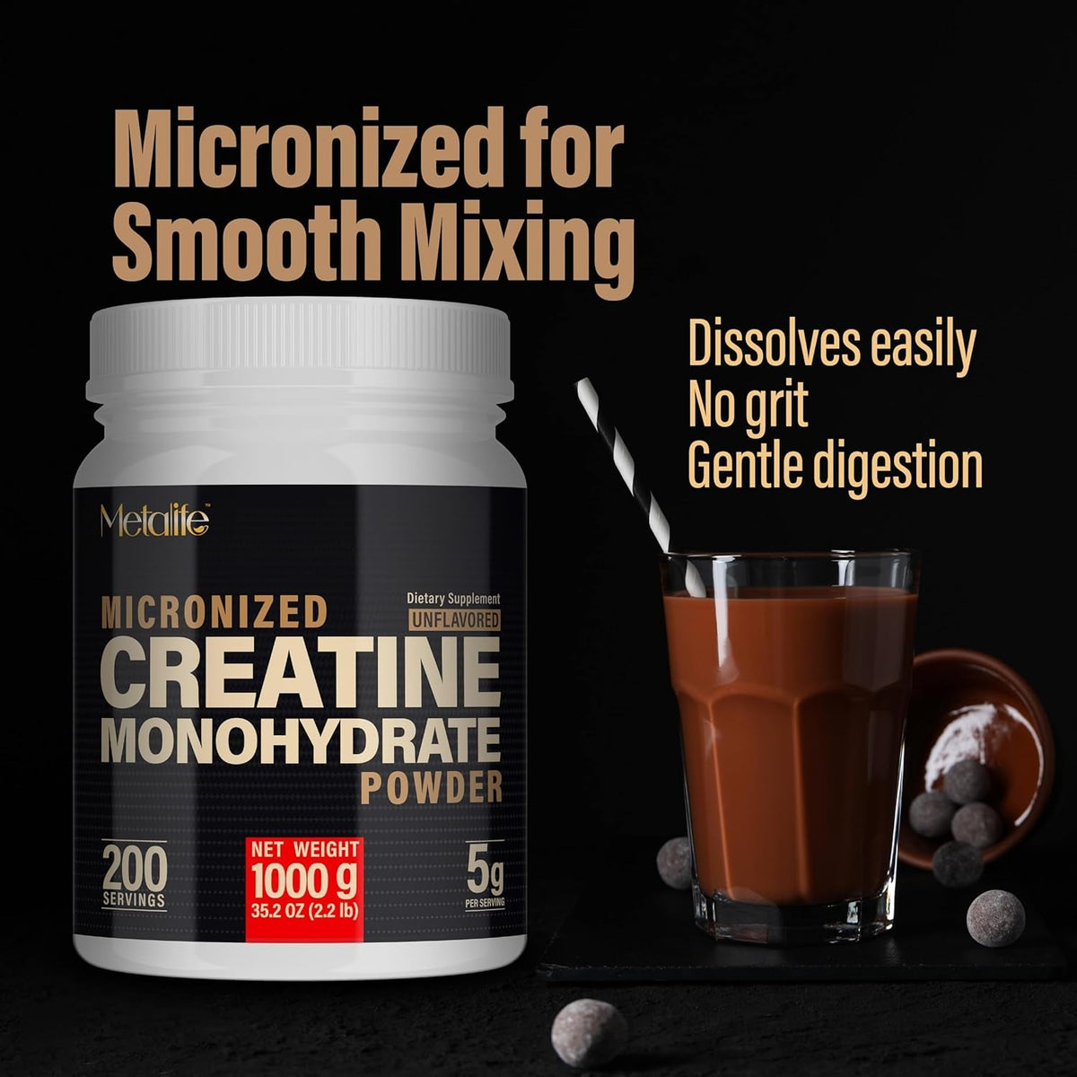 100% Pure Creatine Monohydrate Powder 200 Servings, Micronized Powder, Muscle Growth, Unflavored, Ideal for Athletes & Fitness Enthusiasts, Third Party Lab Tested, Vegan, 1000 G