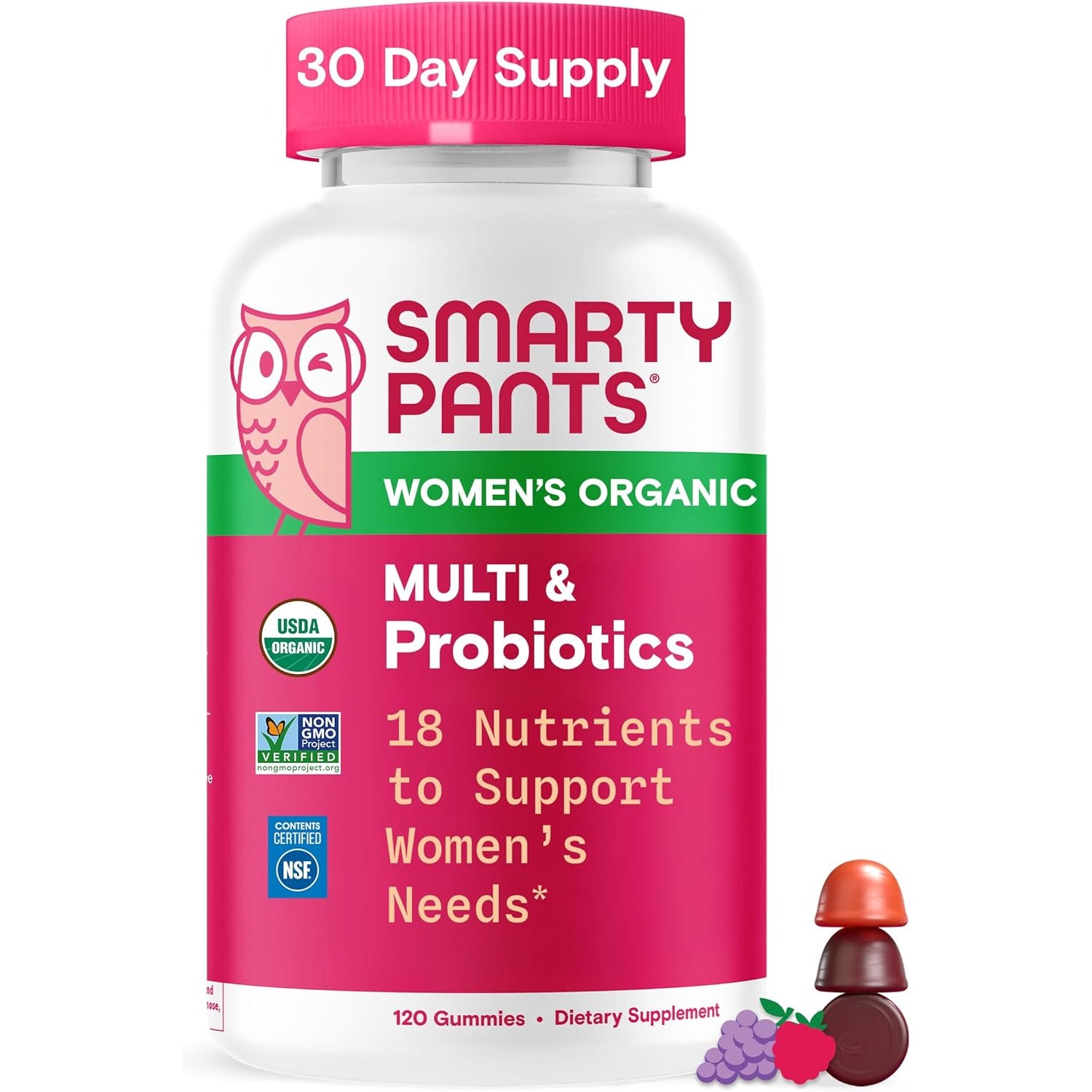 Smartypants Organic Women'S Multivitamin Gummies: Biotin, Probiotics, Methylfolate, Omega 3 (ALA), Vitamin D3, C, Vitamin B12, B6, A, K & Zinc, Inositol, Gluten Free, 120 Count (30 Day Supply)