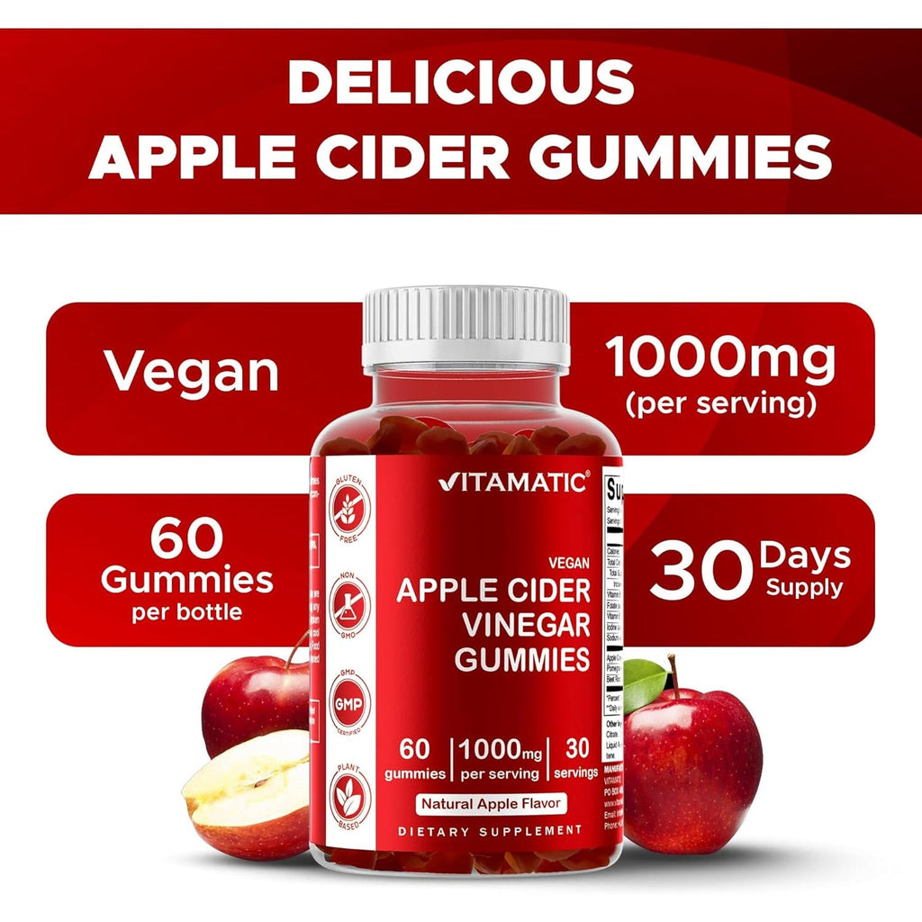 Vitamatic Apple Cider Vinegar Gummies - 1000Mg per Serving - 60 Vegan Gummies - ACV Gummies for Detox, Weight Loss Support, Energy Boost, Digestion & Gut Health