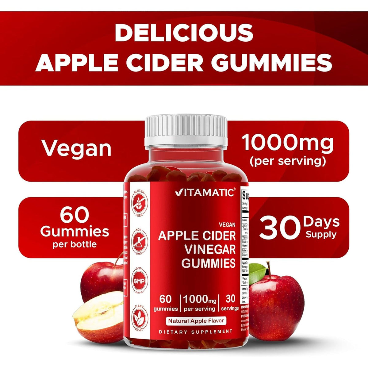 Vitamatic Apple Cider Vinegar Gummies - 1000Mg per Serving - 60 Vegan Gummies - ACV Gummies for Detox, Weight Loss Support, Energy Boost, Digestion & Gut Health