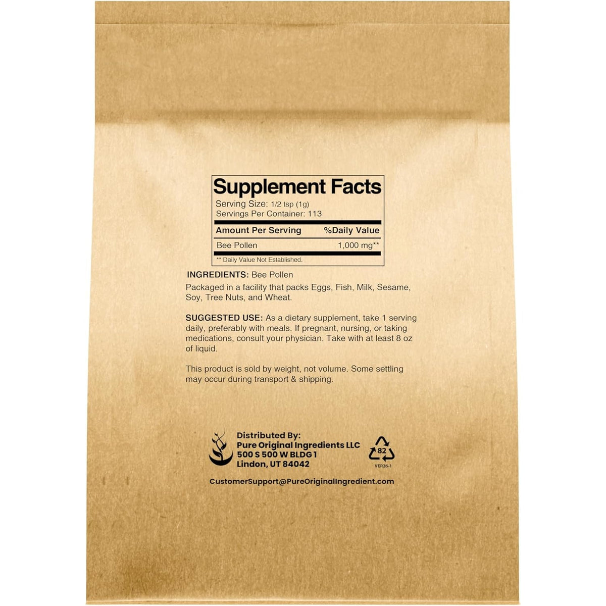 PURE ORIGINAL INGREDIENTS Bee Pollen, 4 Oz, No Fillers, Undiluted Pure Supplement