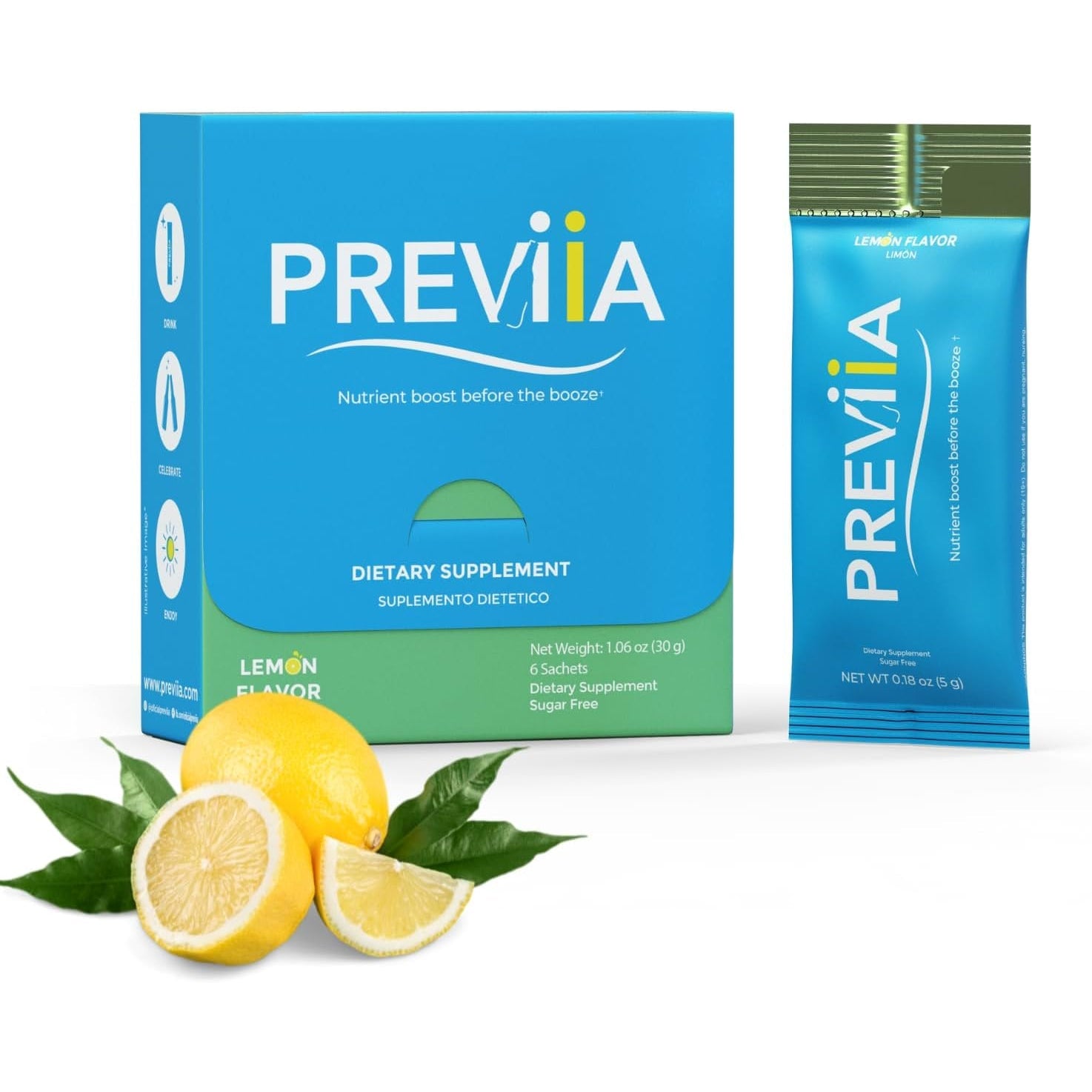 Previia – Pre-Drink Supplement | Nutrients before Social Drinking | Cysteine, Choline, B-Complex, Magnesium, VIT C | Lemon Flavor | Soluble Drink | 6 Doses | Feel Better after Drinking