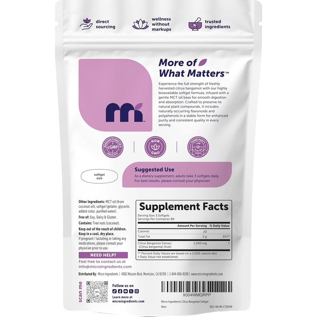 Micro Ingredients Citrus Bergamot Extract 1,000 Mg with MCT Oil, 240 Softgels, 80-Day Supply | with Naturally Occurring Flavonoids & Polyphenols | Non-Gmo, Gluten Free, No Soy
