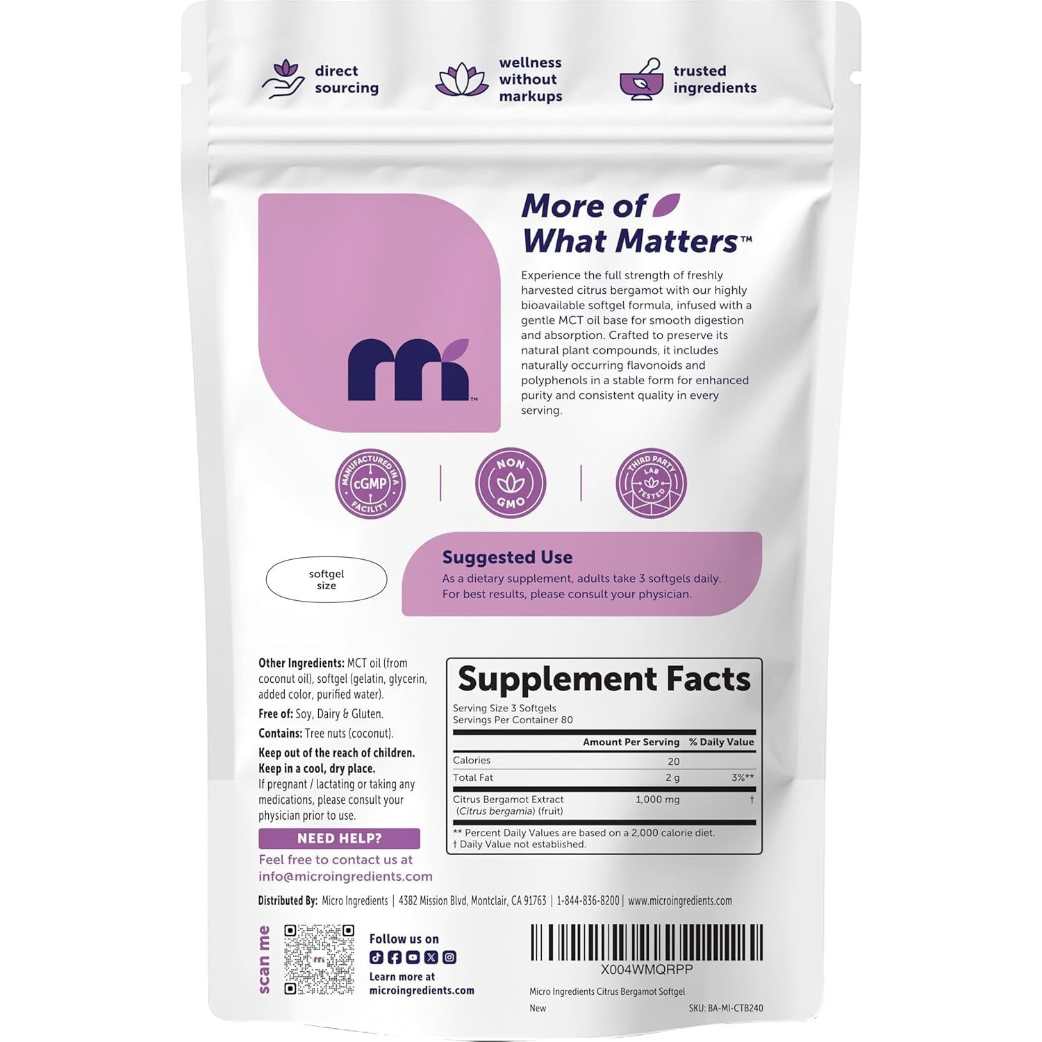 Micro Ingredients Citrus Bergamot Extract 1,000 Mg with MCT Oil, 240 Softgels, 80-Day Supply | with Naturally Occurring Flavonoids & Polyphenols | Non-Gmo, Gluten Free, No Soy