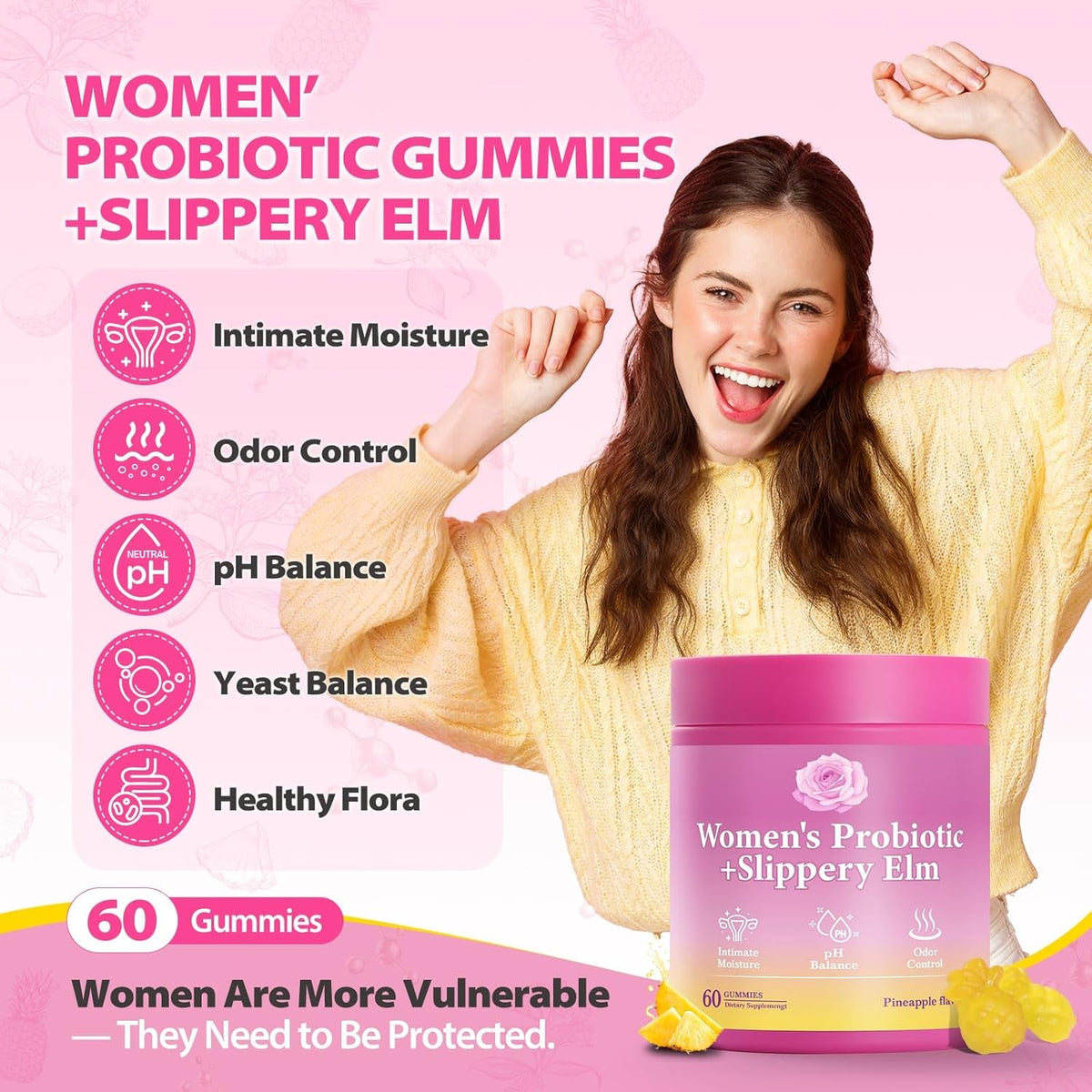 Her Juicy Feminine Probiotics Gummies with Slippery Elm Supports Ph Balance Gut Health & Immune System Promote Vaginal Health for Women 60 Pineapple Gummies