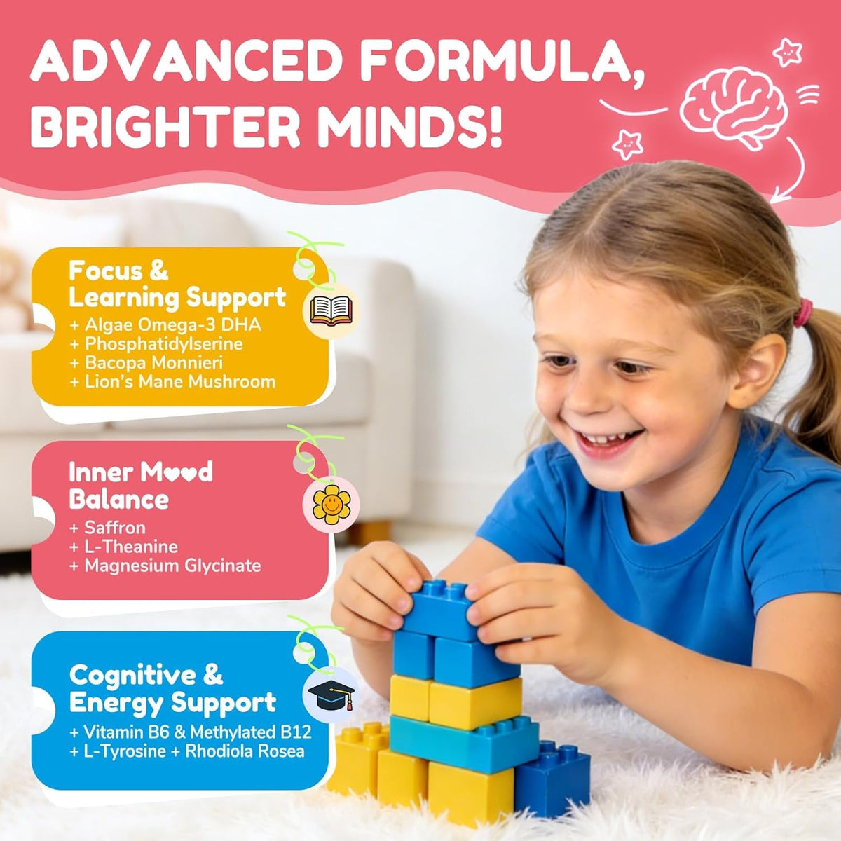 Focus Gummies for Kids, Brain Supplements with Phosphatidylserine, Omega-3 & Saffron, for Kids Memory, Focus & Attention Support, Sugar Free, Vegan, Strawberry Flavor, 60 Chewable