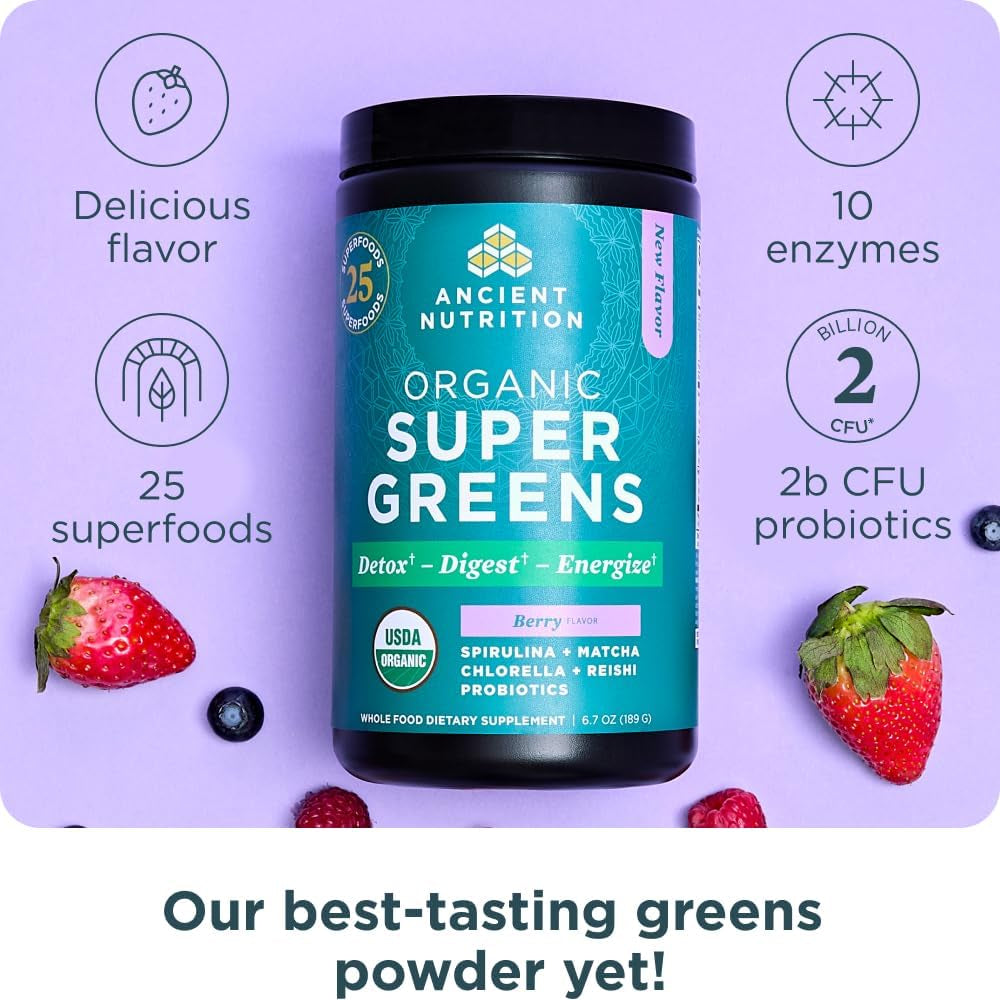 Ancient Nutrition Supergreens Powder with Probiotics, Organic Berry Flavor Greens, Made from Real Fruits, Vegetables and Herbs, Digestive and Energy Support, 25 Servings, 6.7Oz