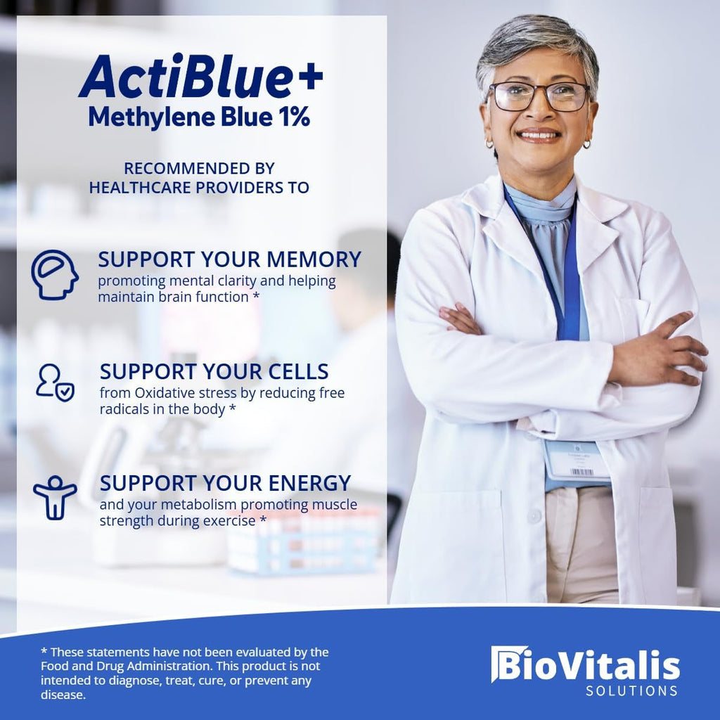 Actiblue+ Methylene Blue 1% : Methylene Blue ISO Certified Third Party Lab Tested 99,9% No Formaldehyde No Alcohol No Gluten&Gmo(2Fl.Oz)