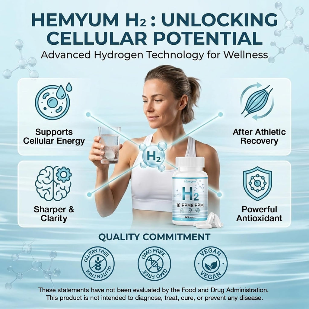 Hydrogen Water Tablets, H2 Molecular Hydrogen with Magnesium, 10 PPM Hydrogen Tablets for Drinking Water, Supports Physical Recovery, Brain Health&Cellular Energy - Non-Gmo, Gluten-Free 120 Tablets.