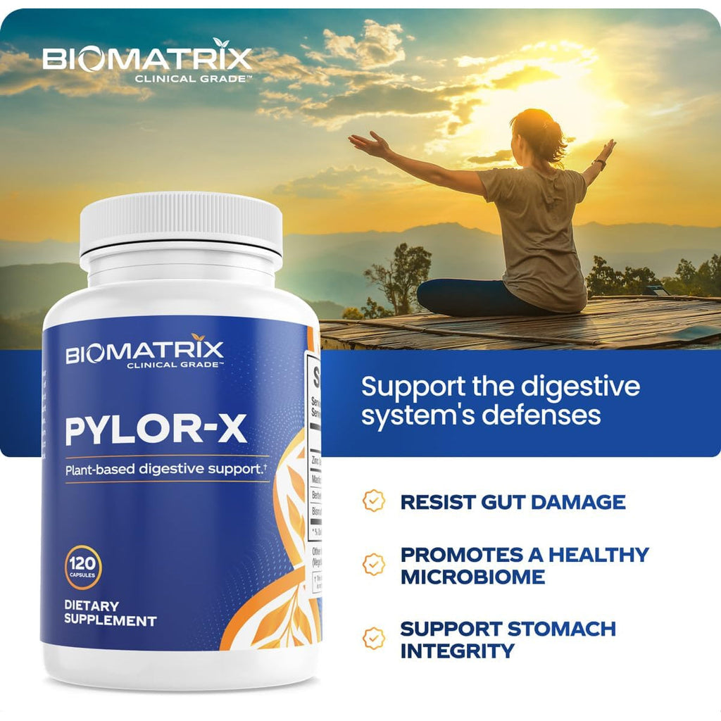 Biomatrix Pylor-X Gut Health Supplement – Mastic Gum, Berberine, Zinc Carnosine & Bismuth Salts for Gastric Support, Digestive Comfort, Stomach Lining Protection - (120 Capsules) 30-60 Day Supply