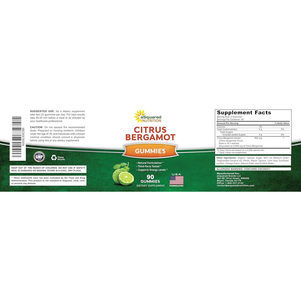 Asquared Nutrition Citrus Bergamot Gummies - Citrus Bergamot Extract Supplement 500Mg per Serving - Pure Gummy Alternative to Capsules & Pills