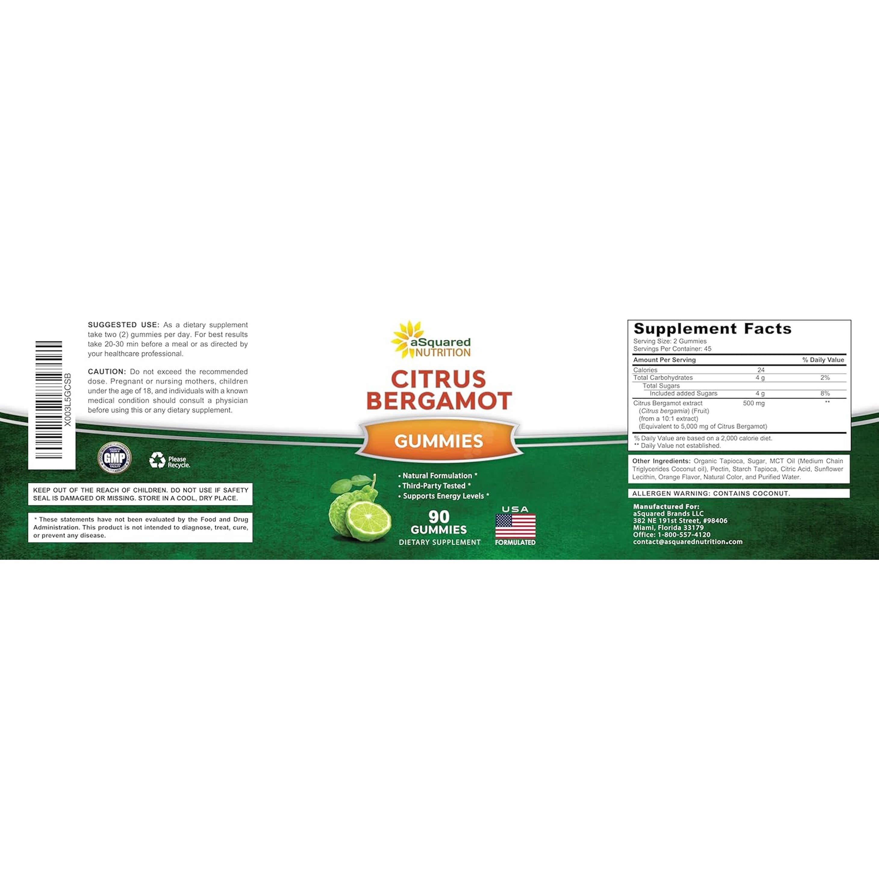 Asquared Nutrition Citrus Bergamot Gummies - Citrus Bergamot Extract Supplement 500Mg per Serving - Pure Gummy Alternative to Capsules & Pills