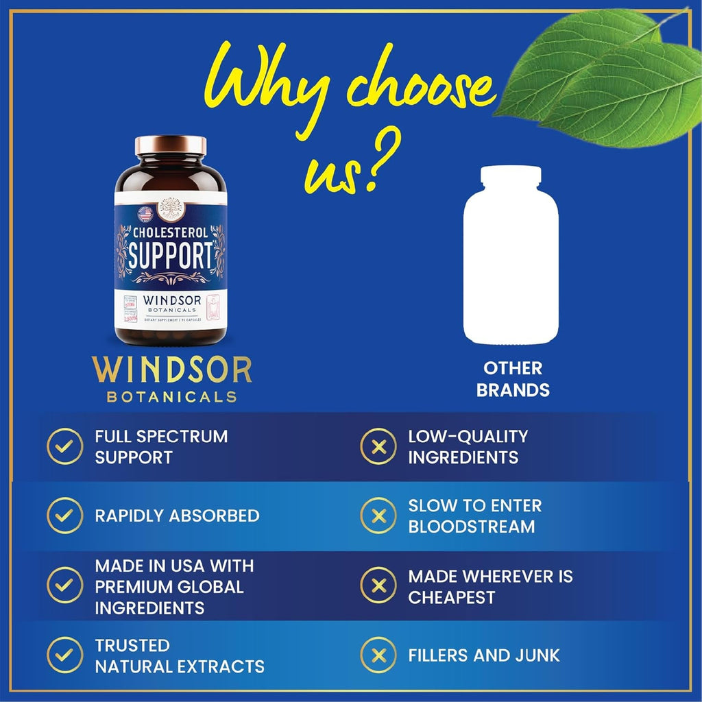WINDSOR BOTANICALS Cholesterol Supplements - Citrus Bergamot, Niacin, Red Yeast Rice, Berberine, Aronia Berry Extract to Support Normal HDL and LDL Cholesterol Levels - 90 Vegan, Non-Gmo Capsules
