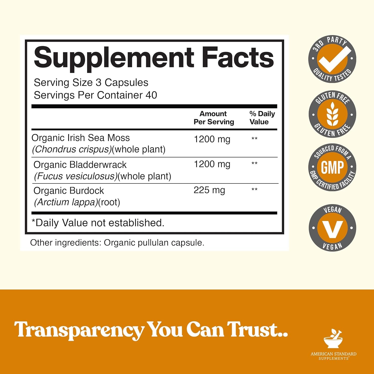 American Standard Supplements Organic Sea Moss, Bladderwrack & Burdock Root Capsules - 1200Mg Seamoss, 1200Mg Bladderwrack, 225Mg Burdock Root per Serving - 120 Capsules, 40 Servings