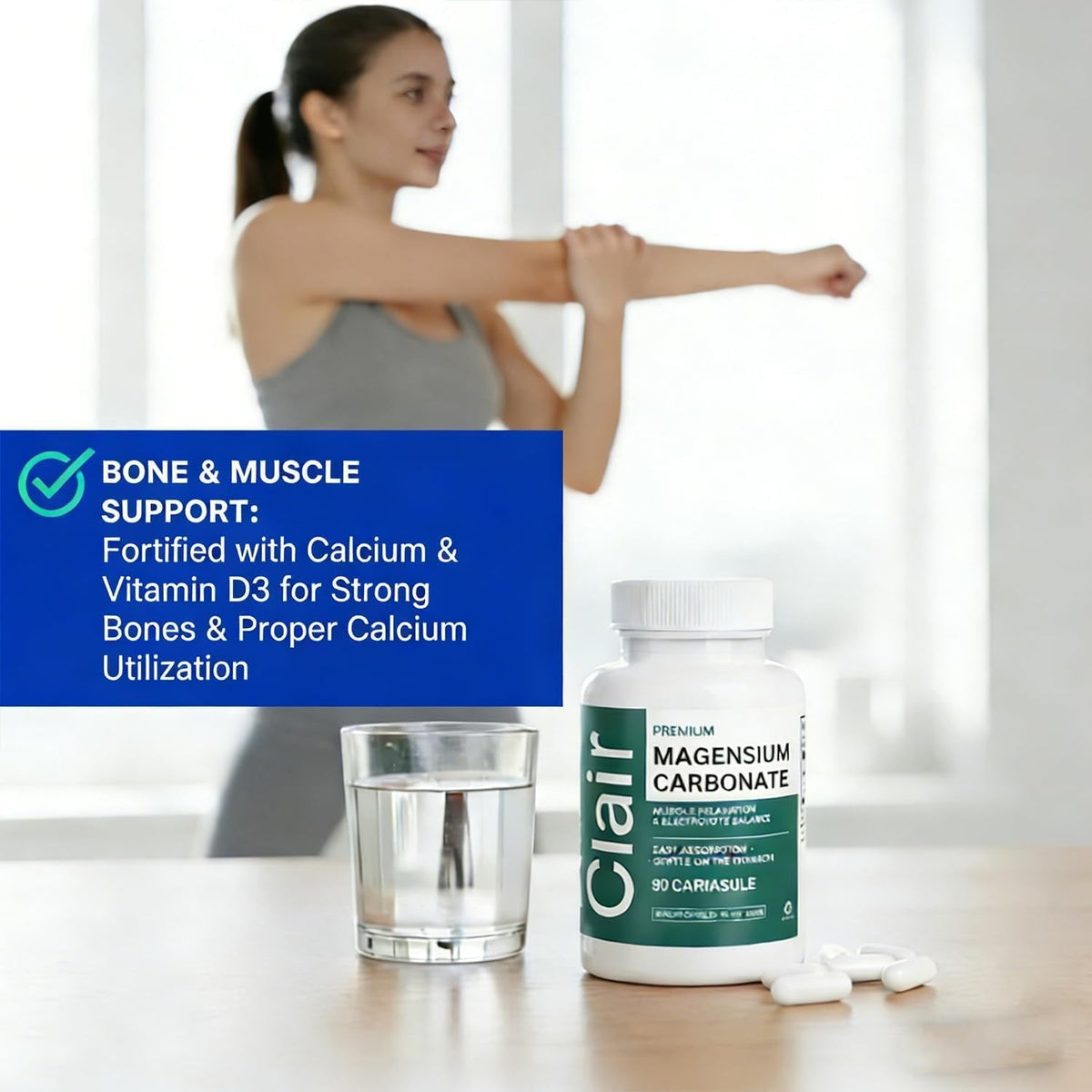 Clair Magnesio Premium, Premium Magnesium Glycinate, Non-Gmo Ingredients, Daily Routine, Vegan-Friendly 90 Capsules