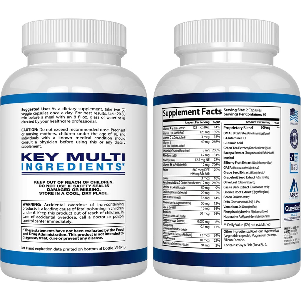 Arazo Nutrition Premium Brain Function Supplement – Memory, Focus, Clarity – Nootropic Booster with DMAE, Bacopa Monnieri, L-Glutamine, Multi Vitamins, Multi Minerals