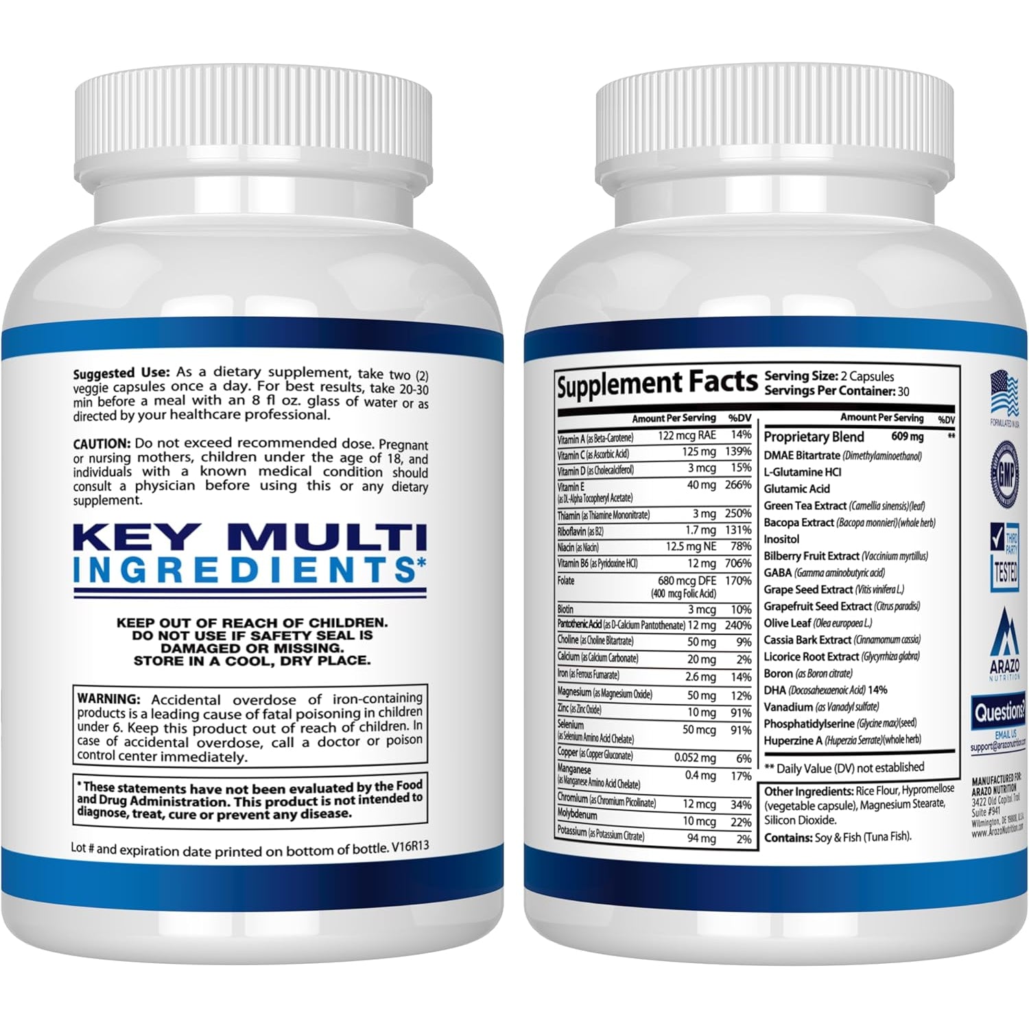 Arazo Nutrition Premium Brain Function Supplement – Memory, Focus, Clarity – Nootropic Booster with DMAE, Bacopa Monnieri, L-Glutamine, Multi Vitamins, Multi Minerals