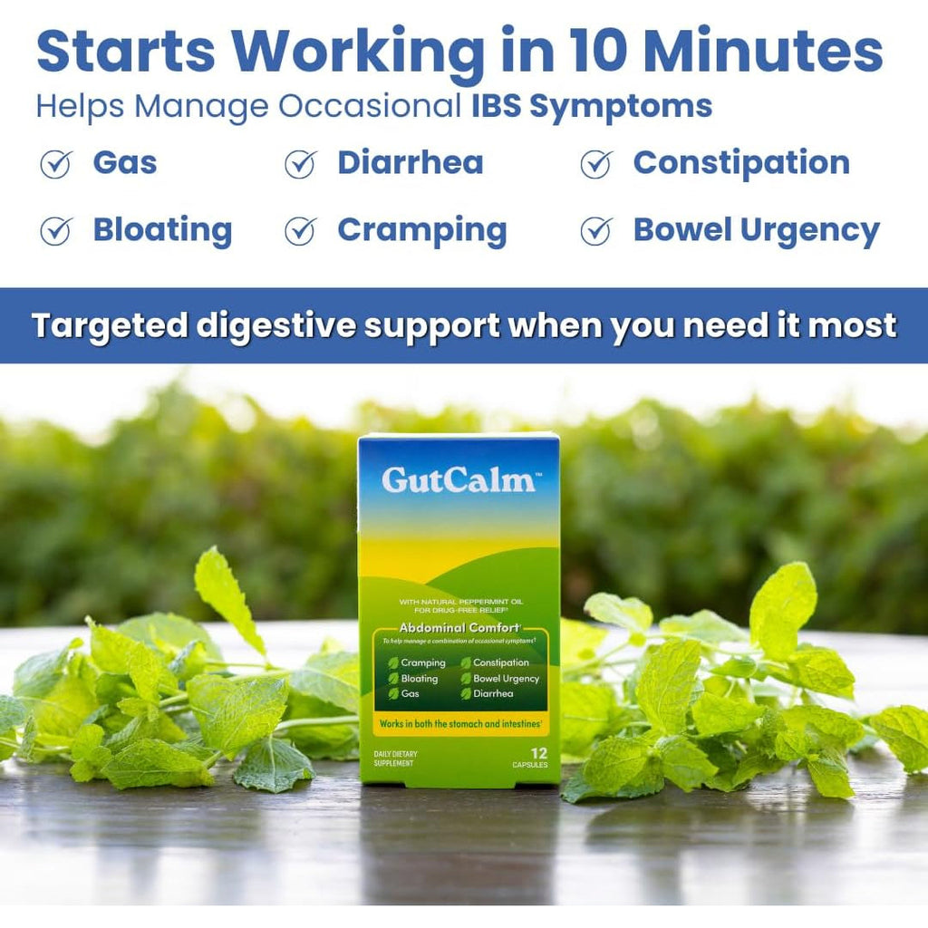 Gutcalm - IBS Relief - Peppermint Oil Capsules - Bloating, Gas, Constipation and Digestive Comfort Supplement - 12/Ct