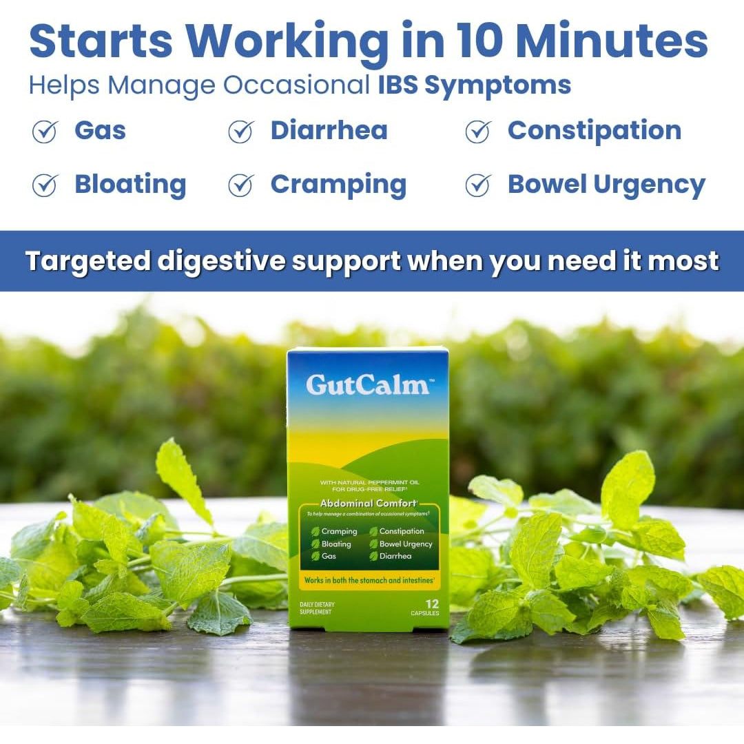 Gutcalm - IBS Relief - Peppermint Oil Capsules - Bloating, Gas, Constipation and Digestive Comfort Supplement - 12/Ct