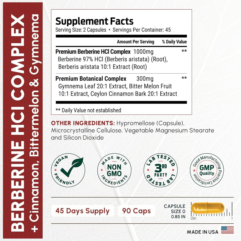 Forestleaf Berberine Supplement - 1300Mg per Serving - Ultra High Potency Berberine Hcl with Ceylon Cinnamon, Bitter Melon & Gymnema - GLP-1 Weight Management Support - 90 Caps
