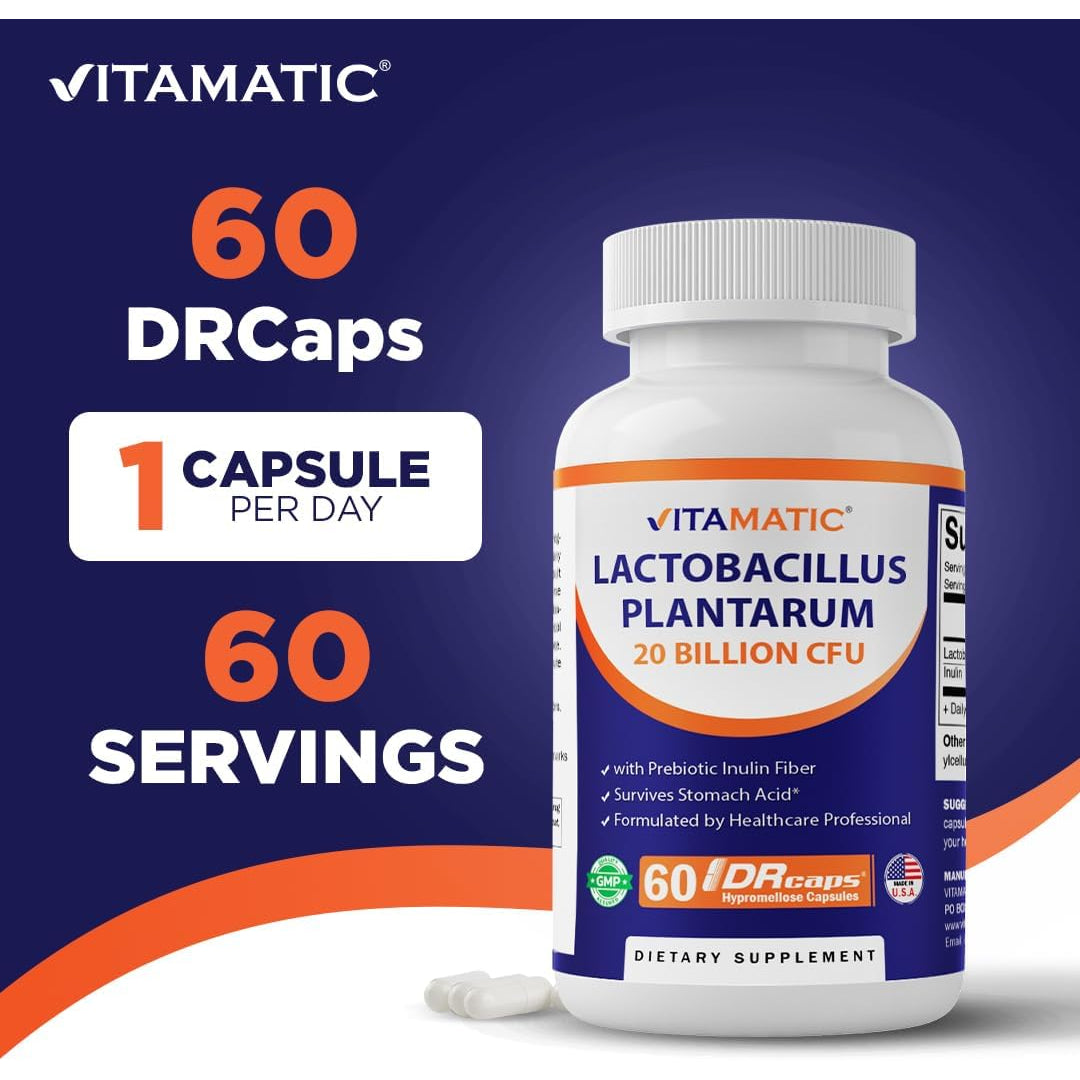 Vitamatic Lactobacillus Plantarum - 20 Billion per DR Capsule - 60 Count - Digestive Support - Made with Prebiotic Inulin Fiber