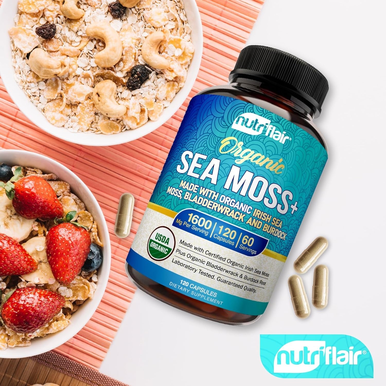 Nutriflair Organic Sea Moss 1600Mg, 120 Capsules plus Bladderwrack & Burdock - Prebiotic Super Food - Immune System & Digestive Health - Thyroid, Healthy Skin, Keto Detox, Gut