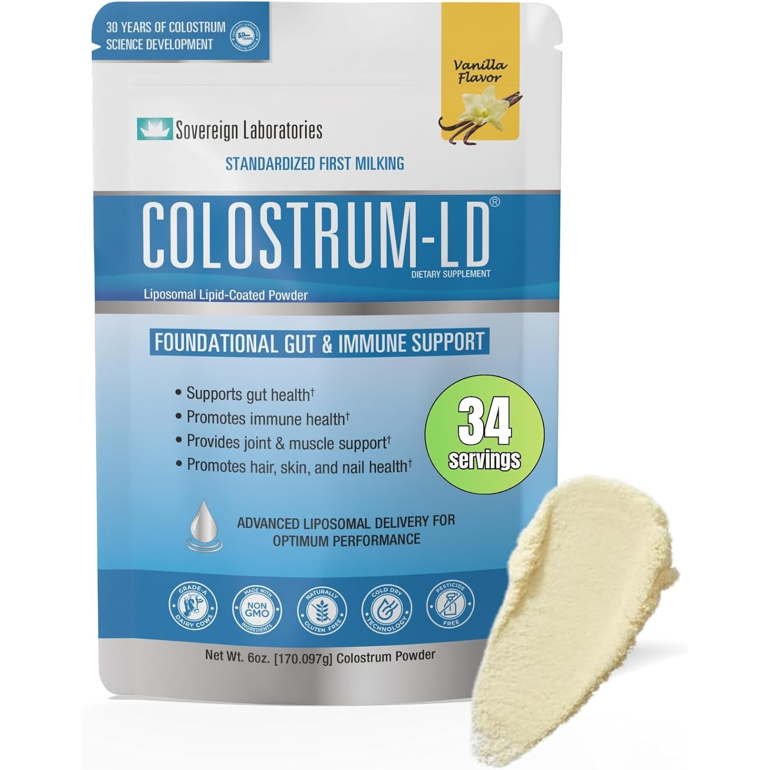 Colostrum-Ld Liposomal Delivery - Colostrum Powder - Gluten-Free, Lactose-Reduced - 34 Servings - Sovereign Laboratories - 6 Oz Vanilla