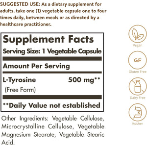 Solgar L-Tyrosine 500 Mg, 100 Vegetable Capsules - Brain & Nervous System Support - Vegan, Gluten Free, Dairy Free, Kosher - 100 Servings,Standard Packaging