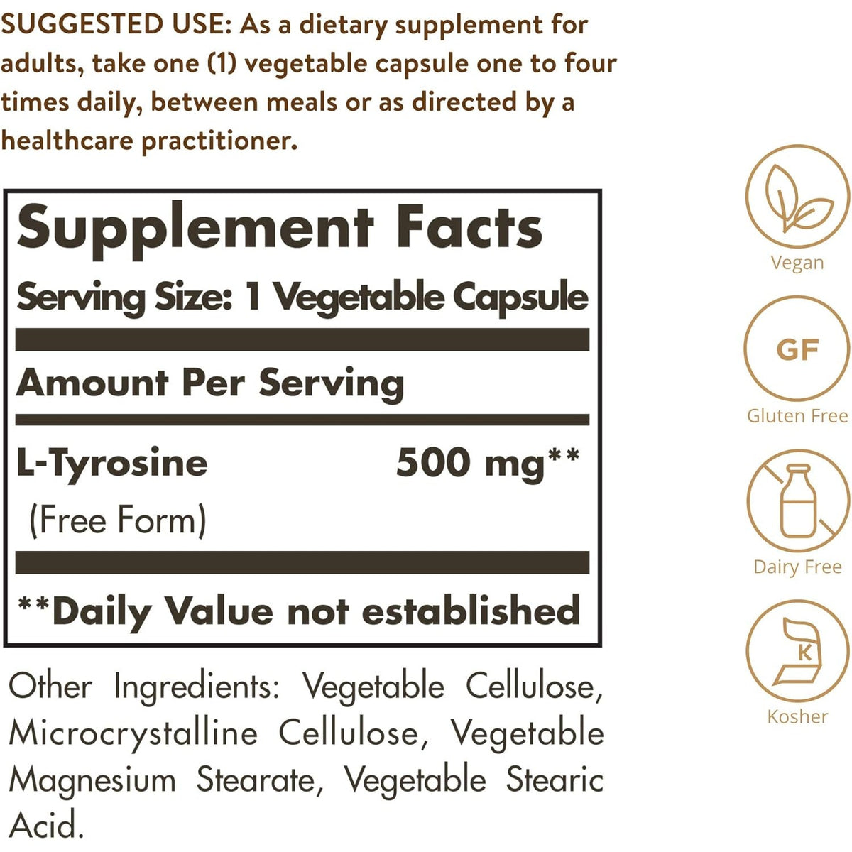 Solgar L-Tyrosine 500 Mg, 100 Vegetable Capsules - Brain & Nervous System Support - Vegan, Gluten Free, Dairy Free, Kosher - 100 Servings,Standard Packaging