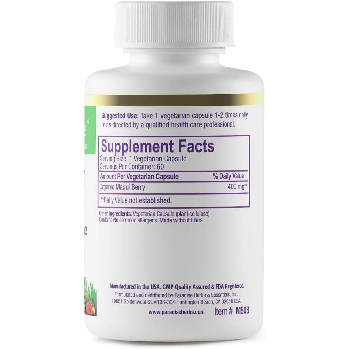 Paradise Herbs, Organic Maqui Berry Extract, 400 Mg, Fresh, Freeze-Dried Concentrate for Superior Potency, Non-Gmo, Vegan, 60 Capsules