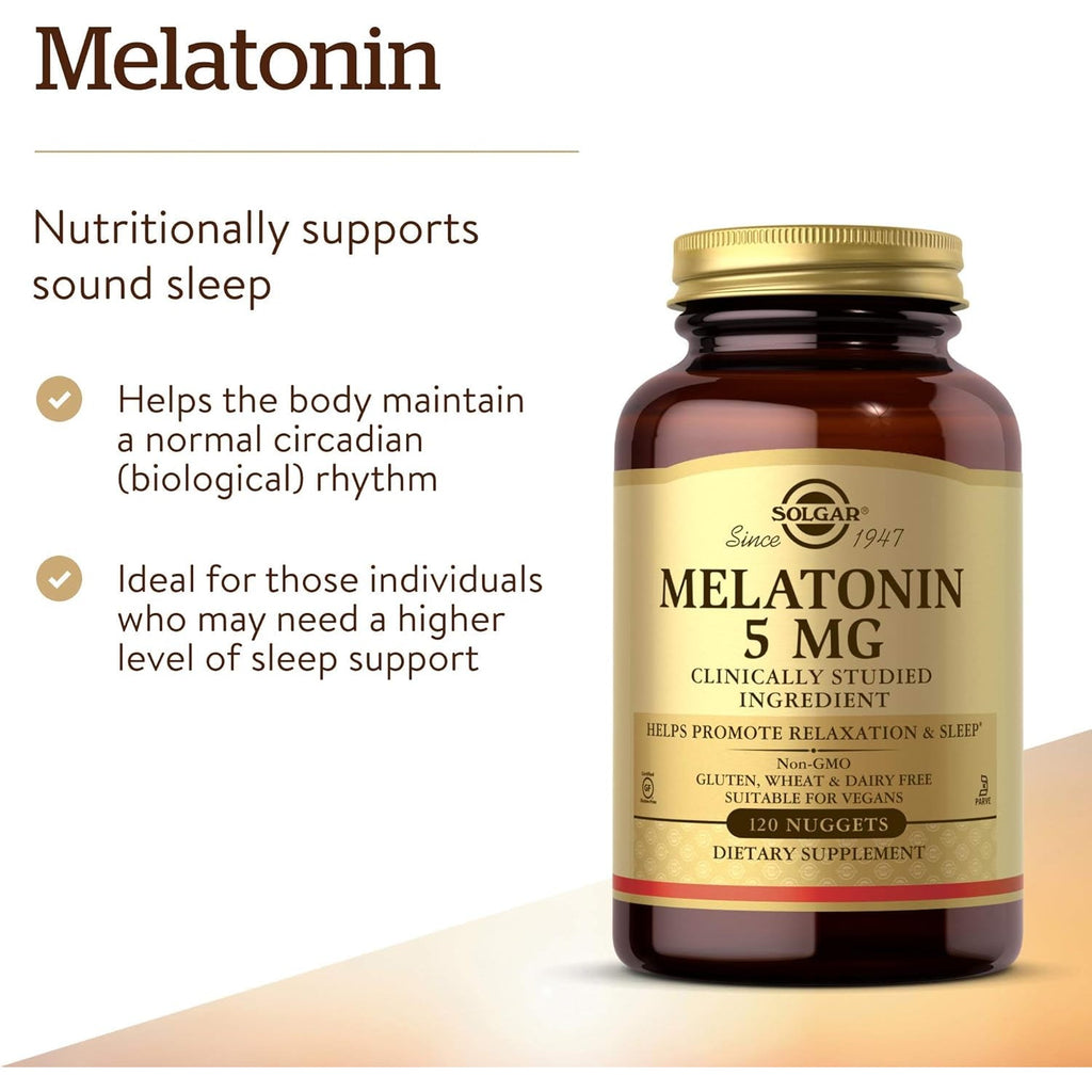 Solgar Melatonin 5 Mg, 120 Nuggets - Helps Promote Relaxation & Rest - Clinically Studied Melatonin - Vegan, Gluten Free, Dairy Free, Kosher - 120 Servings