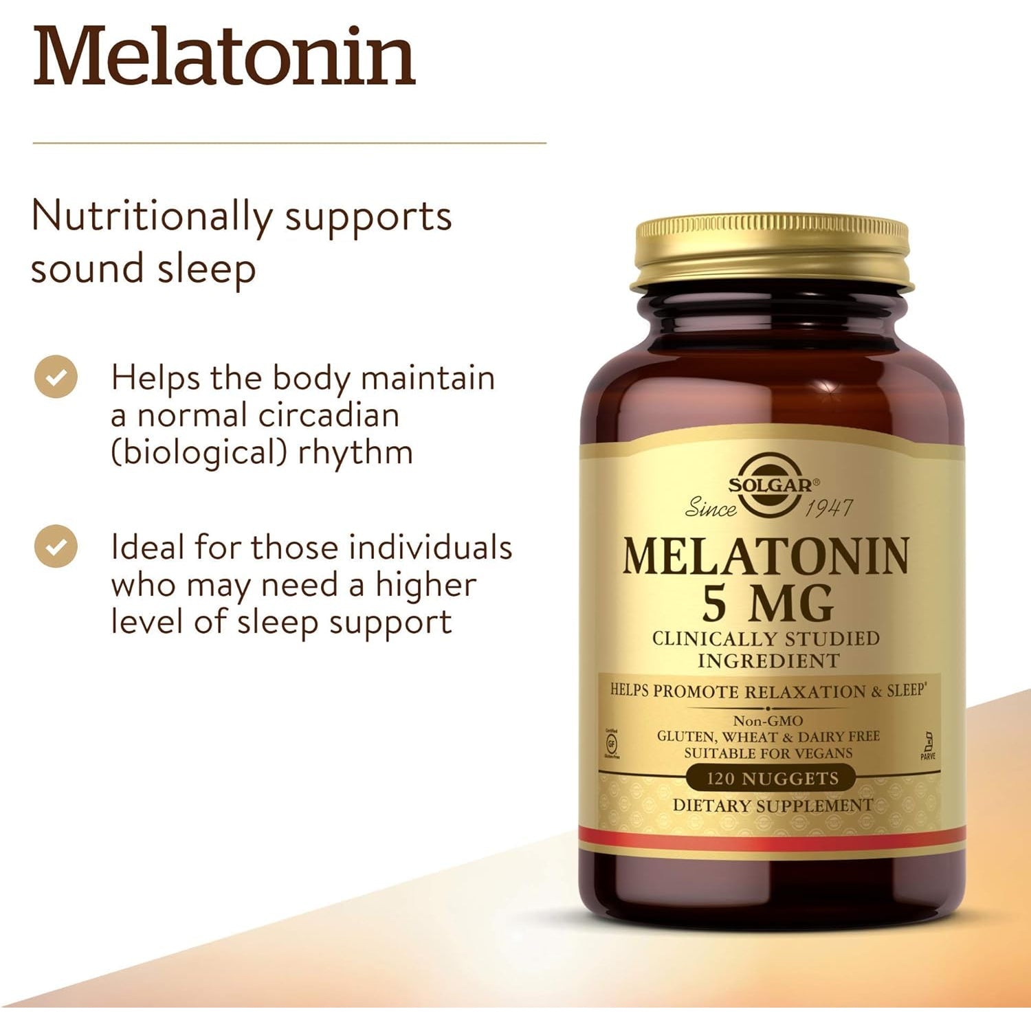Solgar Melatonin 5 Mg, 120 Nuggets - Helps Promote Relaxation & Rest - Clinically Studied Melatonin - Vegan, Gluten Free, Dairy Free, Kosher - 120 Servings