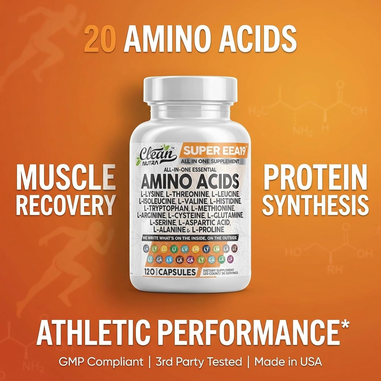Clean Nutraceuticals Amino Acids Supplement L-Lysine, L-Threonine, L-Leucine, Isoleucine, Valine, L-Histidine, L-Tryptophan, L-Methionine, L-Arginine, L-Cysteine, L-Glutamine, L-Serine, Aspartic Acid