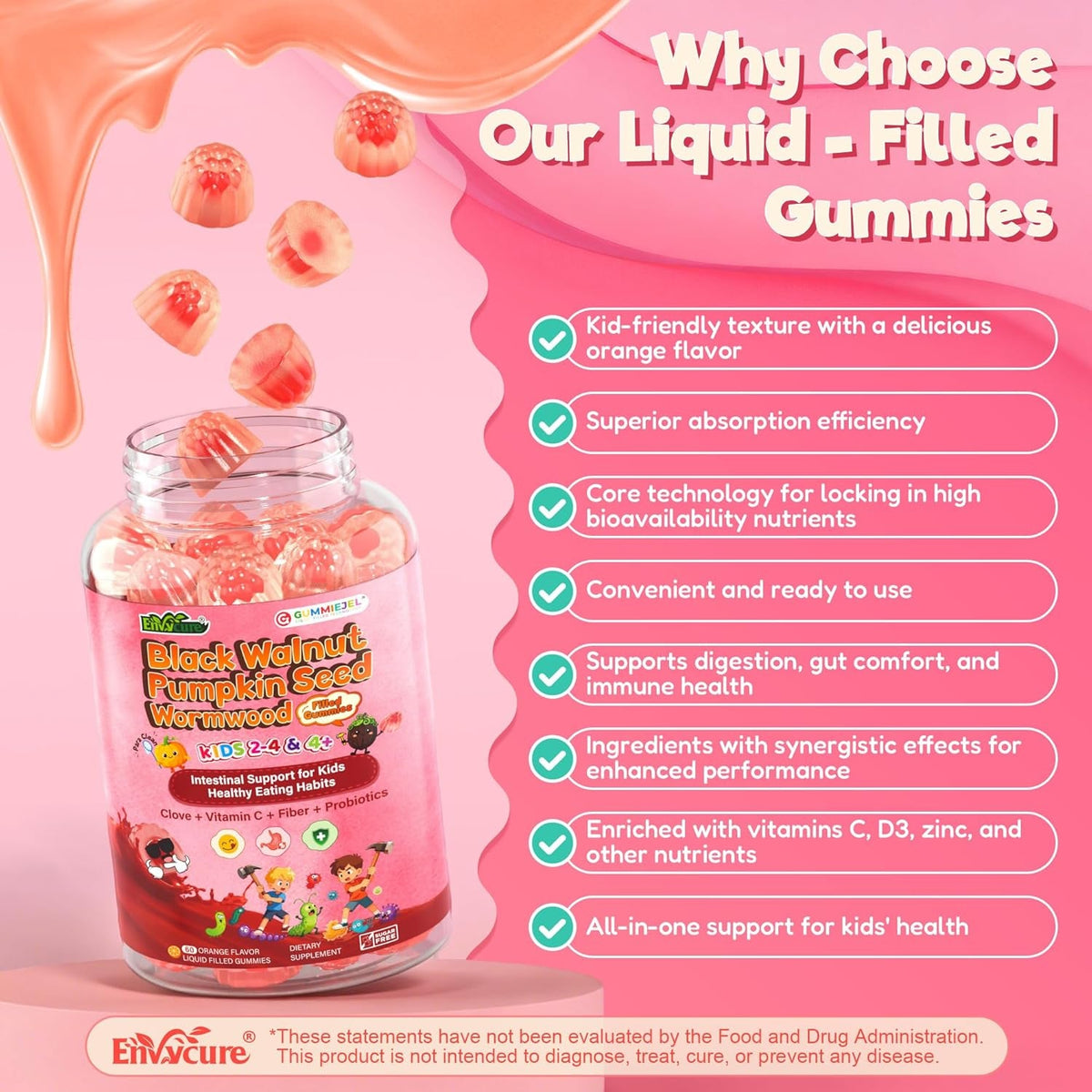 Toddler 2-4 & Kids 4+ Para Clean Gut Health Gummies W/Wormwood, Black Walnut, Clove, Pumpkin Seeds, Vitamin C, D3, Zinc, Digestive Supplement for Natural Gut Cleanse, Kids Immune Support (60Cts)