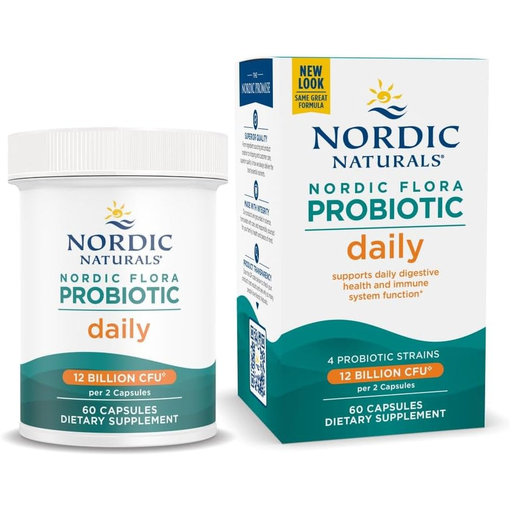 Nordic Naturals Nordic Flora Probiotic Daily - 60 Capsules - 4 Probiotic Strains with 12 Billion Cultures - Optimal Wellness, Immune Support, Digestive Health - Non-Gmo, Vegan - 30 Servings