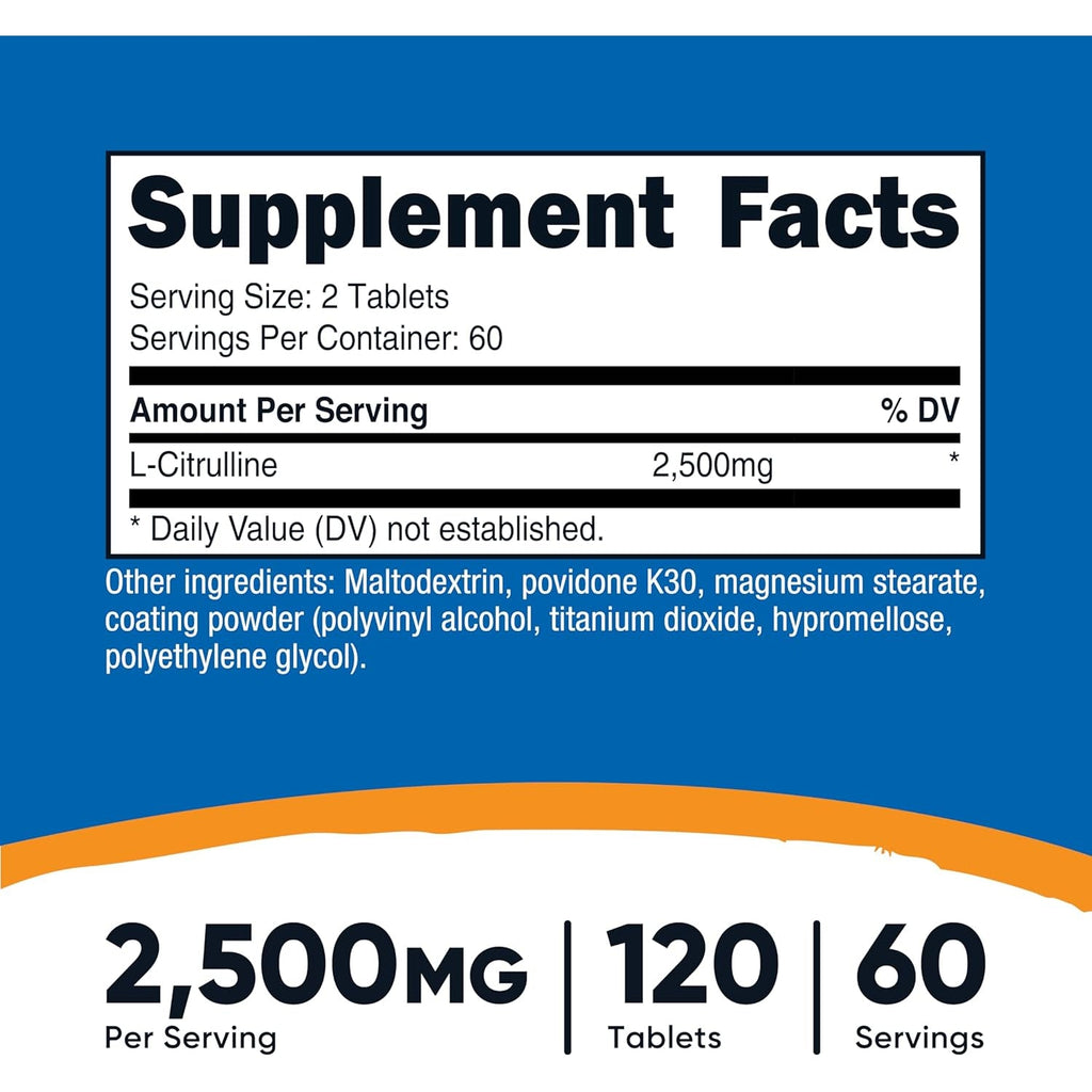 Nutricost L-Citrulline 2500Mg per Serving, 60 Servings, 1250Mg per Tablet, 120 Tabs - Non-Gmo and Gluten Free Supplement