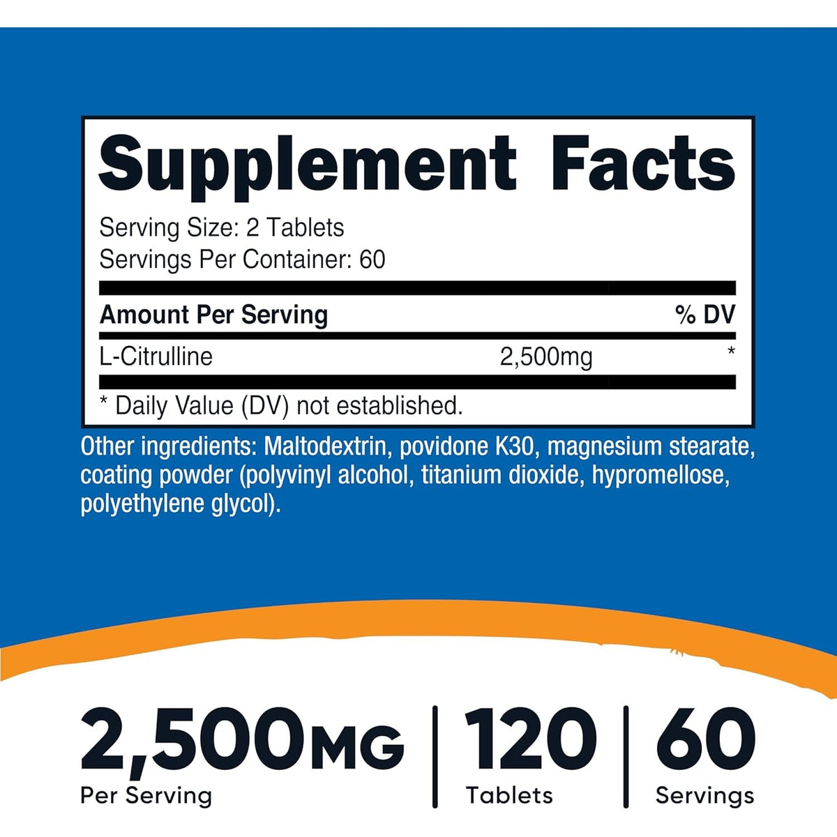 Nutricost L-Citrulline 2500Mg per Serving, 60 Servings, 1250Mg per Tablet, 120 Tabs - Non-Gmo and Gluten Free Supplement