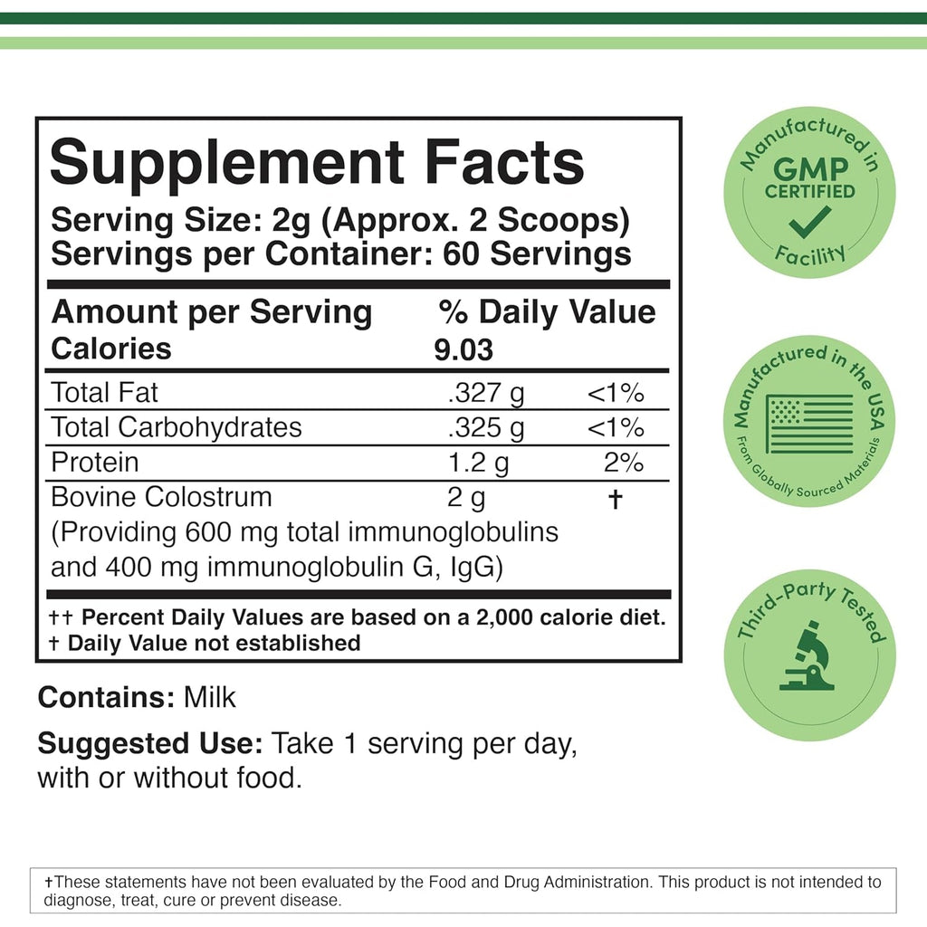 Double Wood Supplements Bovine Colostrum Powder for Women and Men, for Gut Health, Skin & Hair, Immune Support (120 Grams, 60 Day Supply - Standardized to 30% Total Immunoglobulins and 60% Protein)