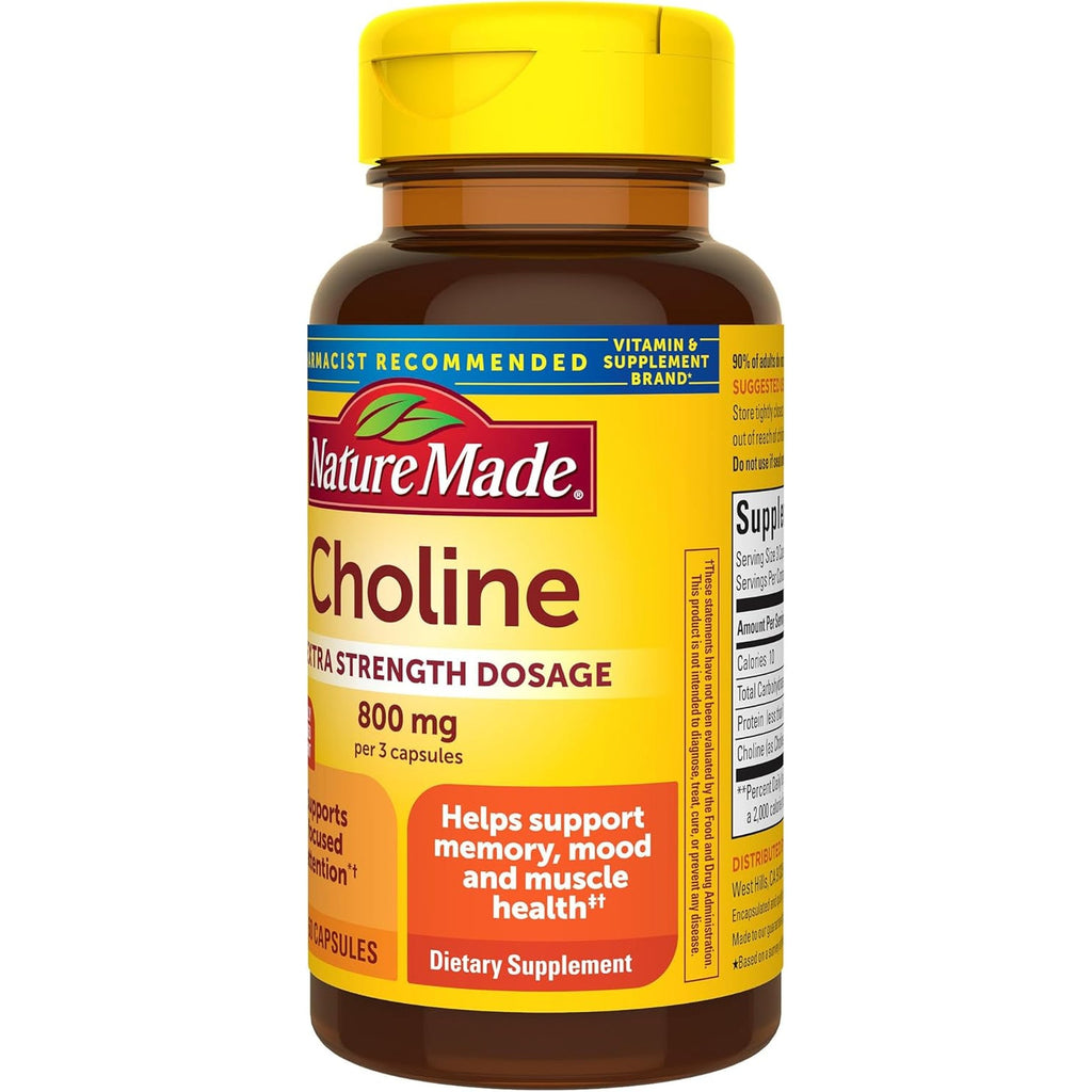 Nature Made Extra Strength Dosage Choline Supplements 800 Mg per 3 Capsules, Brain Health, Mood, Muscle & Liver Support, Vegetarian, 60 Capsules, 20 Day Supply