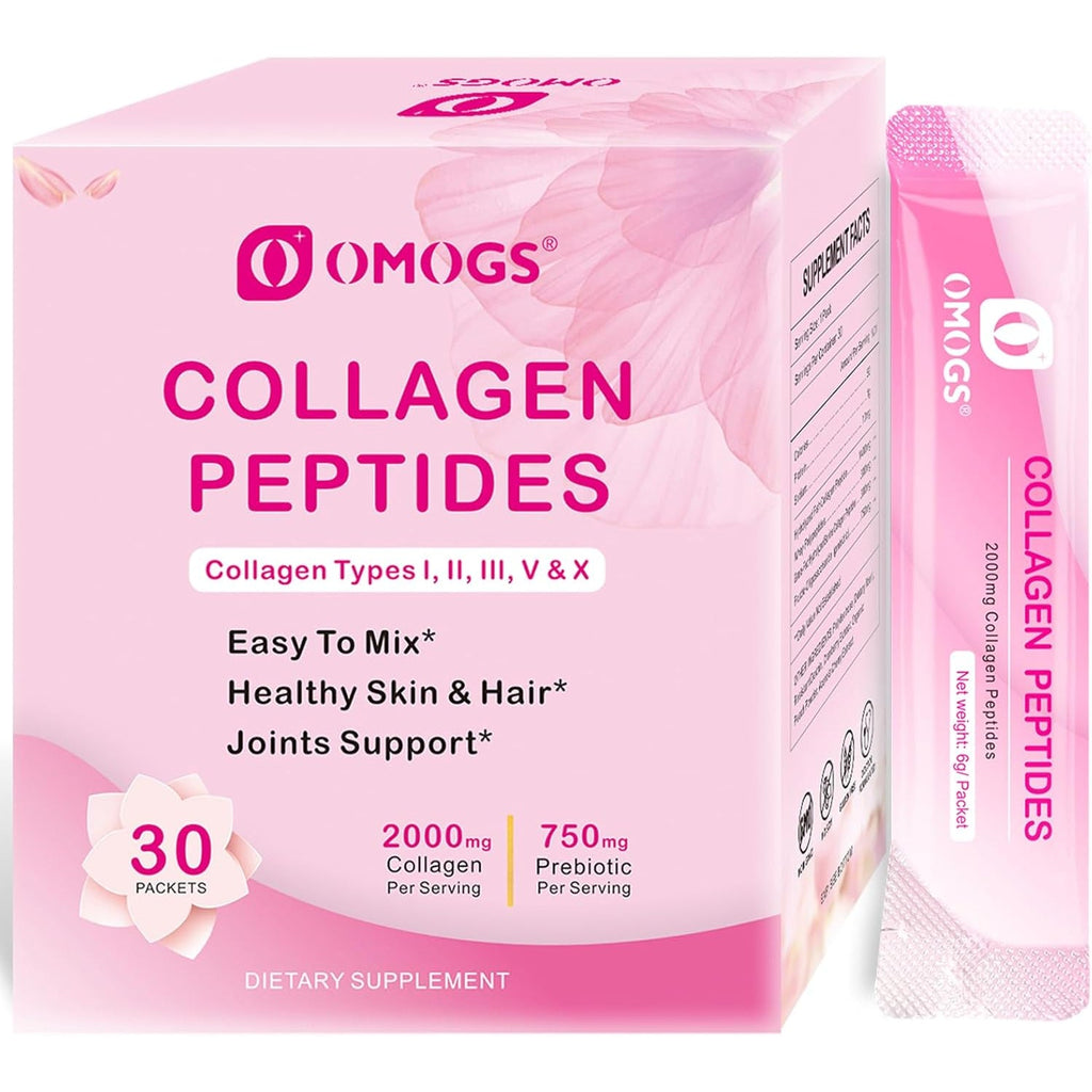 OMOGS Collagen Peptides Powder, with Prebiotics & Cranberry Extract -Hydrolyzed Collagen Peptides Support Hair, Skin, Nail, Bone & Digestive Health, Grass Fed, Non-Gmo, for Women & Men