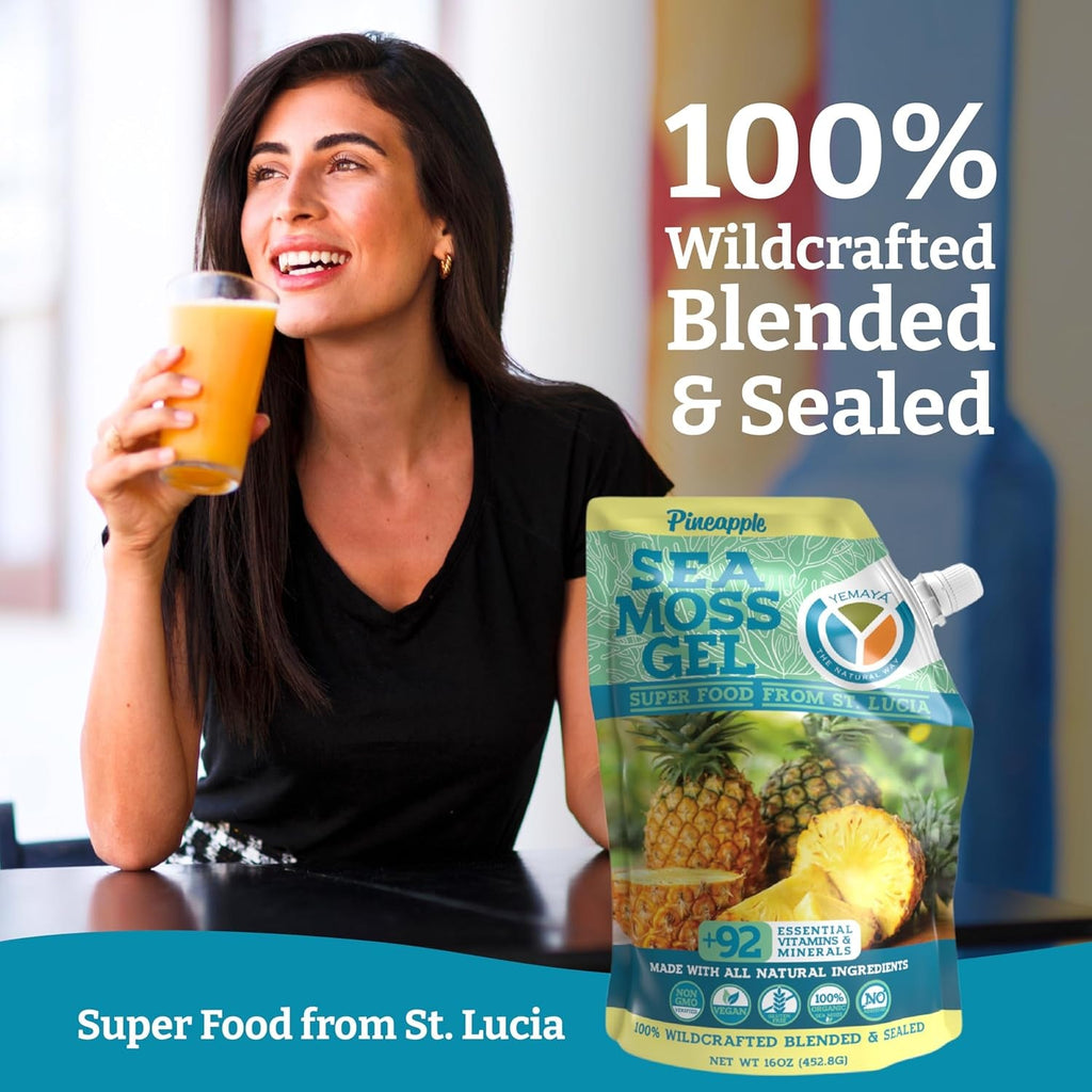 Yemayá Sea Moss Gel with Pineapple Flavor | Wildcrafted Sea Moss from St. Lucia | Vegan, Non-Gmo, Gluten Free | 16 Oz