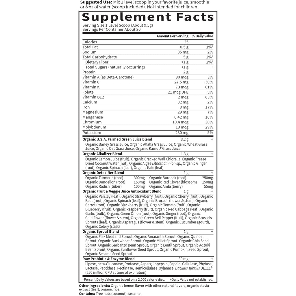 Garden of Life Raw Organic Perfect Food Alkalizer and Detoxifier, Lemon Ginger Flavored Superfood Powder Supplement, 30 Servings