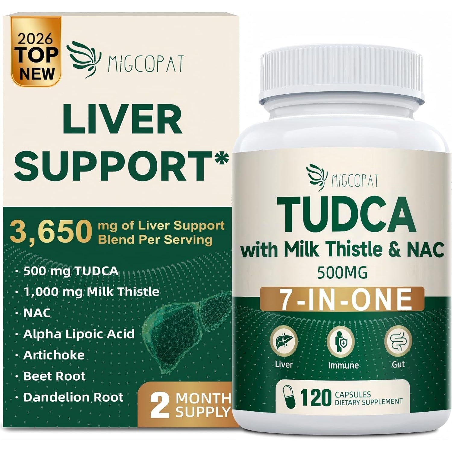 Migcopat 7-In-One TUDCA Supplement, 3650Mg with Milk Thistle, NAC, Alpha Lipoic Acid, Dandelion Root, Bile Salts TUDCA for Liver Cleanse Detox & Repair, Bile Flow and Digestive Support - 120 Capsules