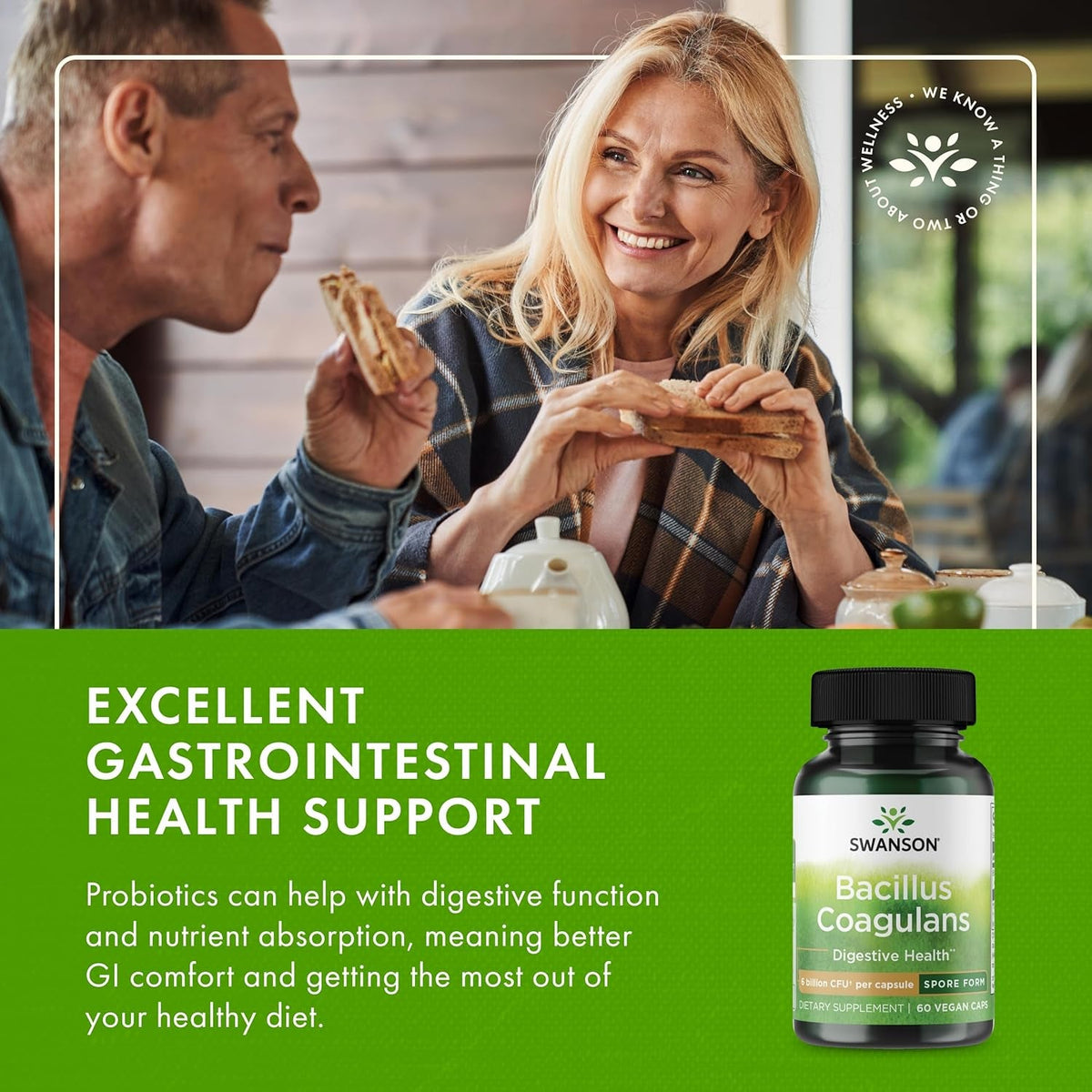 Swanson Bacillus Coagulans Spore-Form Probiotic for Adults Seeking Shelf-Stable Digestive Support with 6 Billion CFU - Acid-Resistant (60 Vegan Capsules)