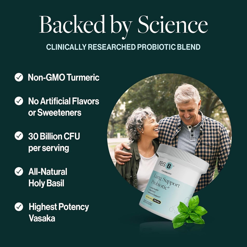 Resb Lung Support Probiotic Supplement - Lung Health Supplement for Smokers, Gut Health, Immune & Digestive Support, Respiratory Care, Holy Basil & Turmeric, Clinically Trialed - 60 Capsules