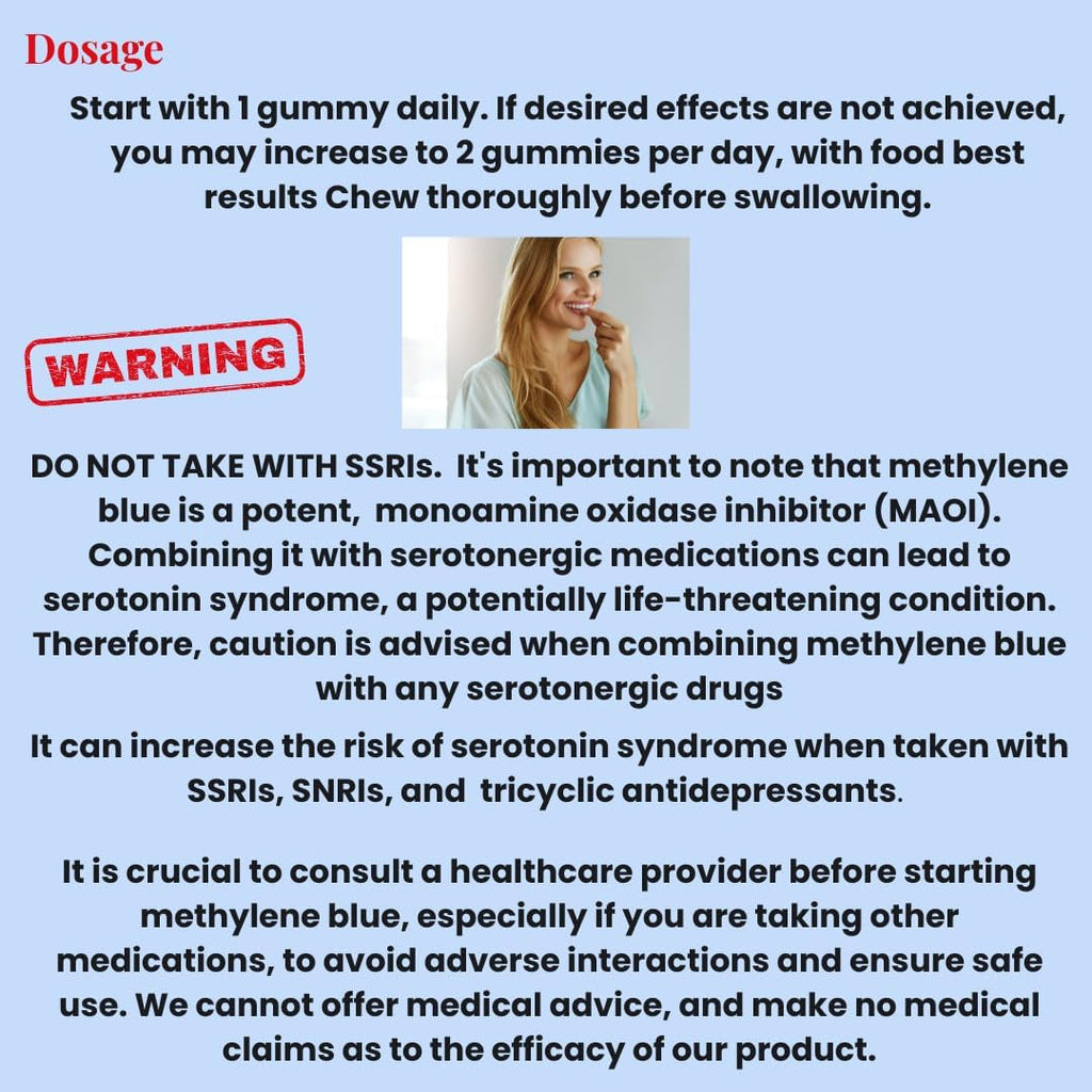 Methylene Blue Gummies 12Mg Cognitive Support W/Added Vitamin C, NAD,L Methylfolate, Methylcobalamin B12, Mitochondrial Support, Brain Health & Focus, Clarity, Methylated Vitamins