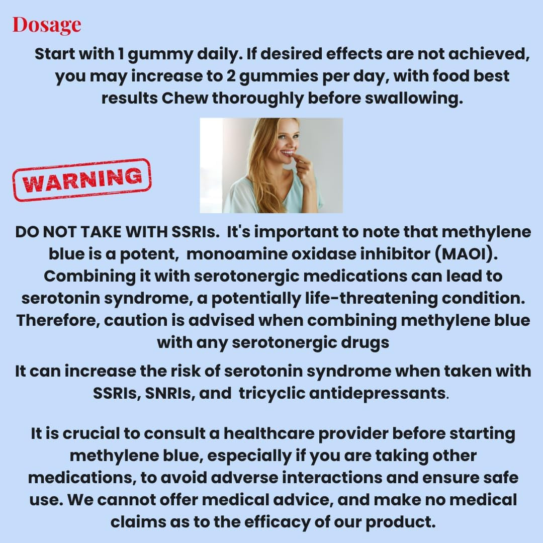 Methylene Blue Gummies 12Mg Cognitive Support W/Added Vitamin C, NAD,L Methylfolate, Methylcobalamin B12, Mitochondrial Support, Brain Health & Focus, Clarity, Methylated Vitamins