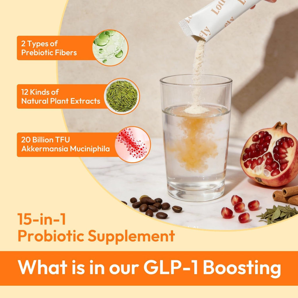 GLP-1 Supplement 15-In-1 Complex,Glp1 for Weight Loss GLP 1 Probiotic Powder for Control Appetite and Cravings,Appetite Suppressant,Metabolism Booster 30 Serving Packets