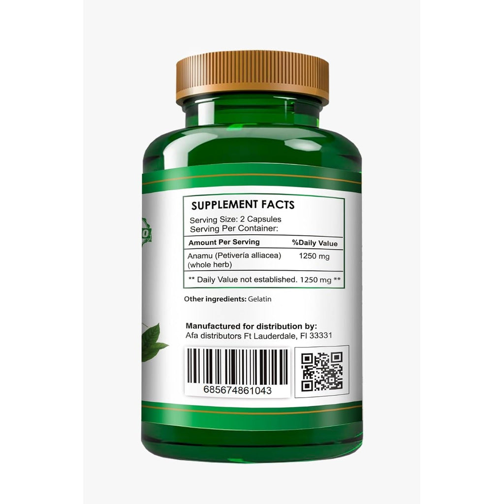 Organic Vitamins Anamu 1250Mg 100% Organically Grown 120 Capsules Petiveria Allicea